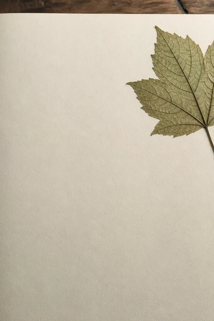 Pressed leaf in one corner with thin ink lines following the veins