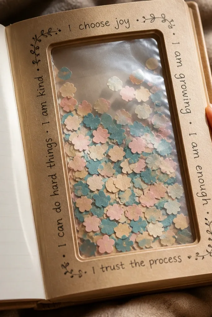 A clear window box on paper with layered shapes inside