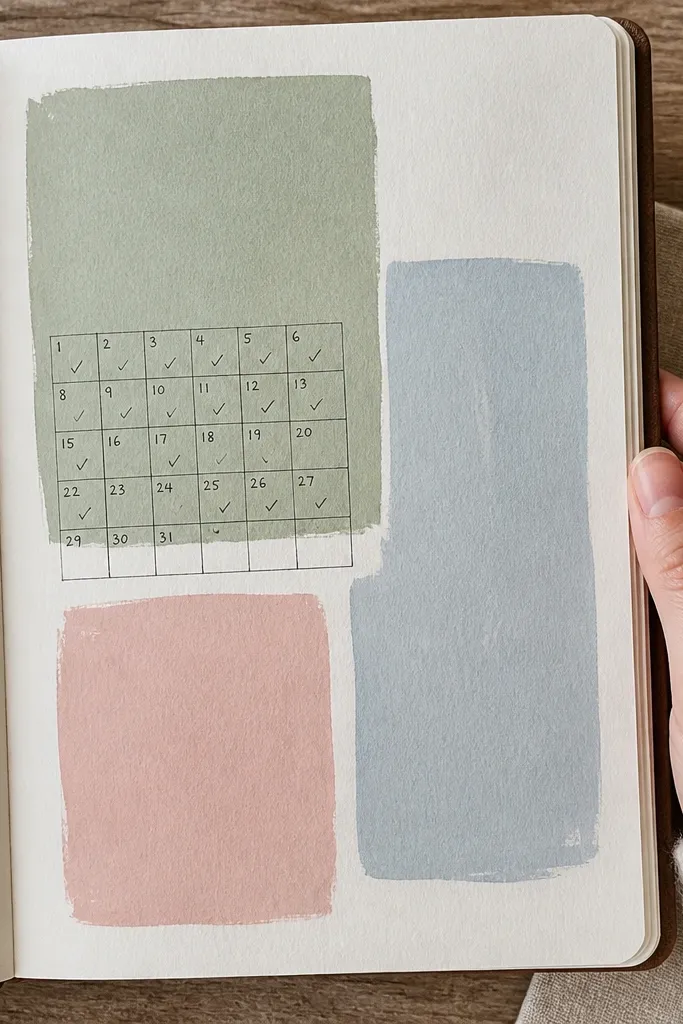 Soft gouache blocks in pastel colors with a tiny calendar grid