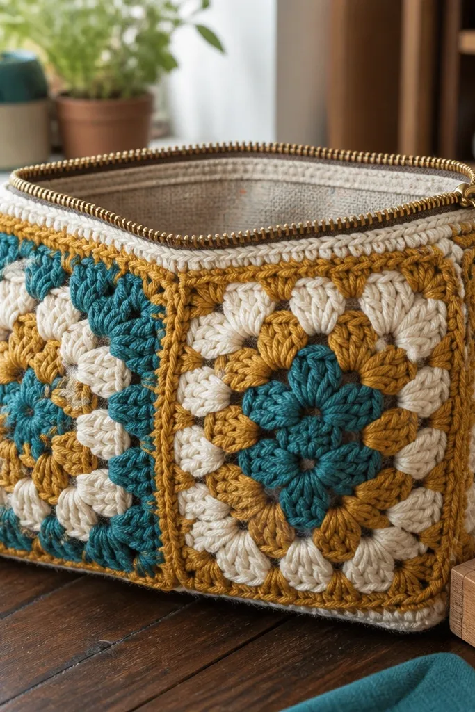 Color-block crochet pouch with a zipper and small granny-square panels