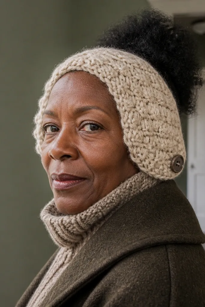 Cream puff-stitch ear warmers with a small button on the back