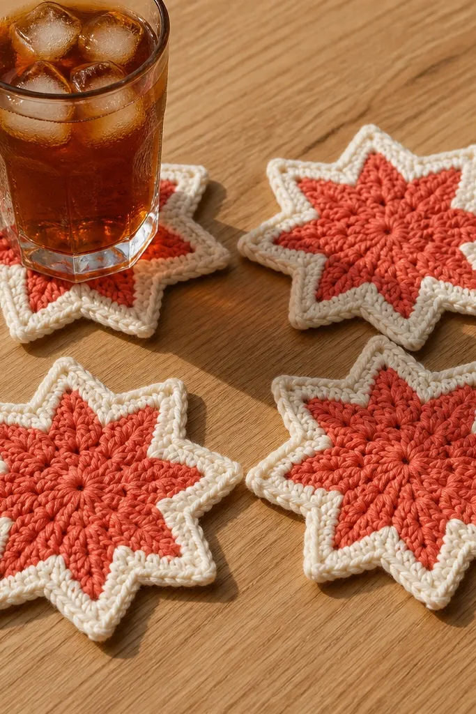 Eight-point crochet starburst coasters in two-tone yarn