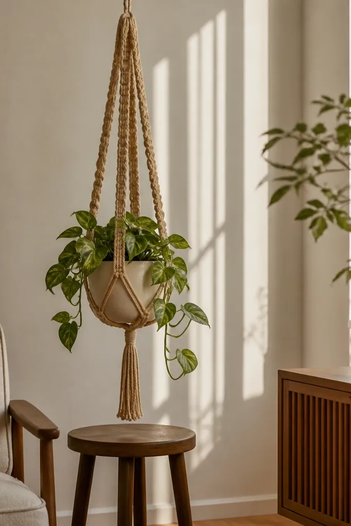 Crochet plant hanger with thick cord texture and a loop top