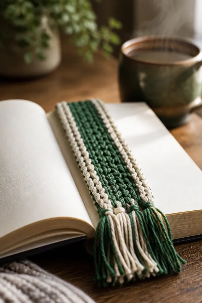Chunky crochet bookmark with a long tassel and color stripes