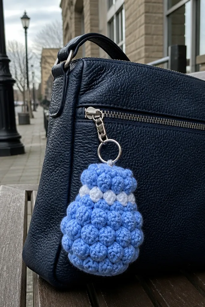 Small crochet keychain with bobble texture and a metal split ring