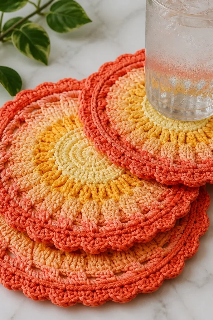 Round crochet mandala coasters with a sunburst pattern and gradient colors