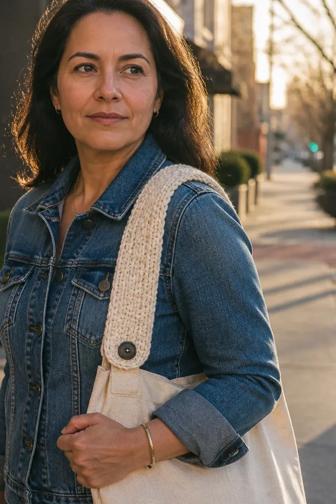 Crochet strap covers with buttoned tabs on a tote handle