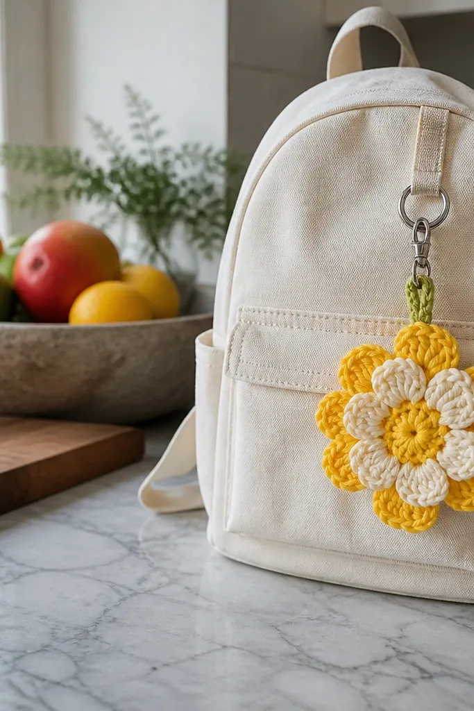 Crochet flower bag charm with a metal ring for attaching