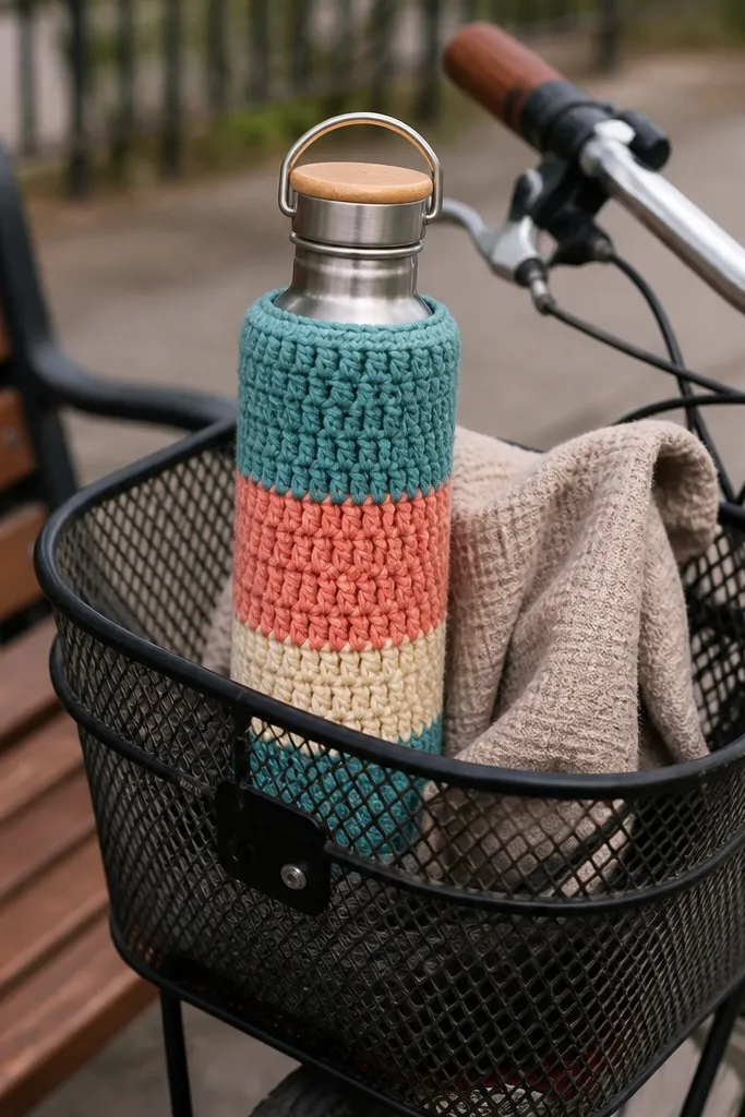 Crochet bottle cozy with bold stripes and a snug top edge