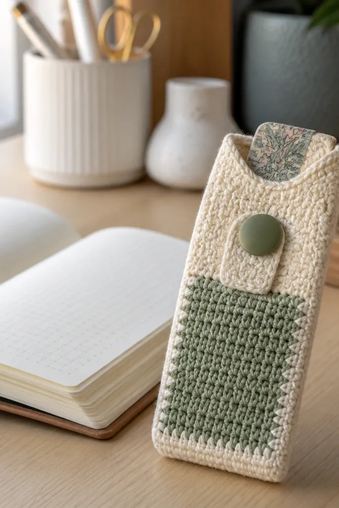 Small crochet pouch for bookmarks with a button flap