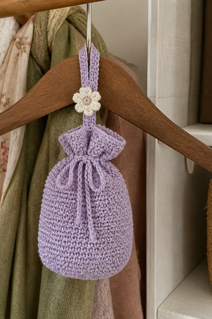 Crochet lavender sachet in a small pouch with a flower loop strap