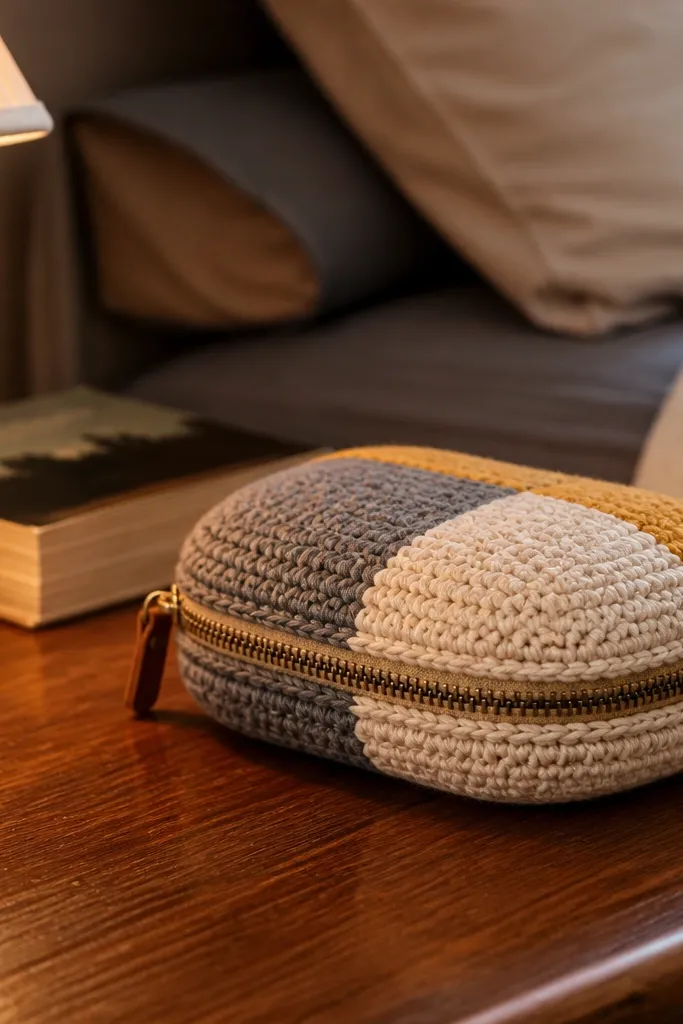 Rounded crochet earbuds case with a zipper and color-block panels