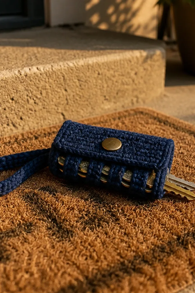 Crochet wristlet with a snap button and small key loops
