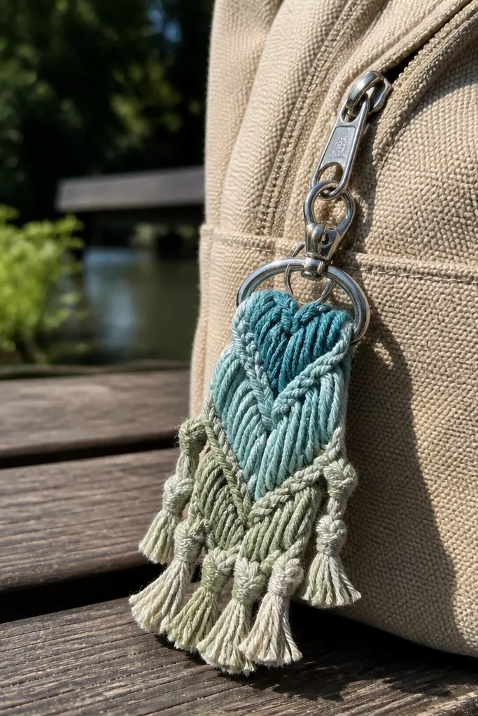 Small crochet keychain shaped like a mini scarf with tiny tassels