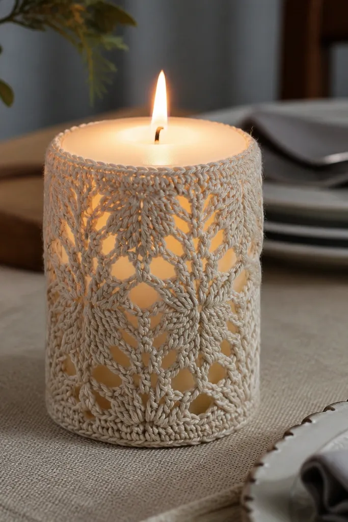 Crochet candle cozy with leaf-shaped cutouts and a snug fit