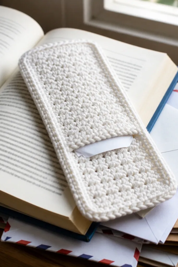 Crochet bookmark with a small side pocket for receipts or cards