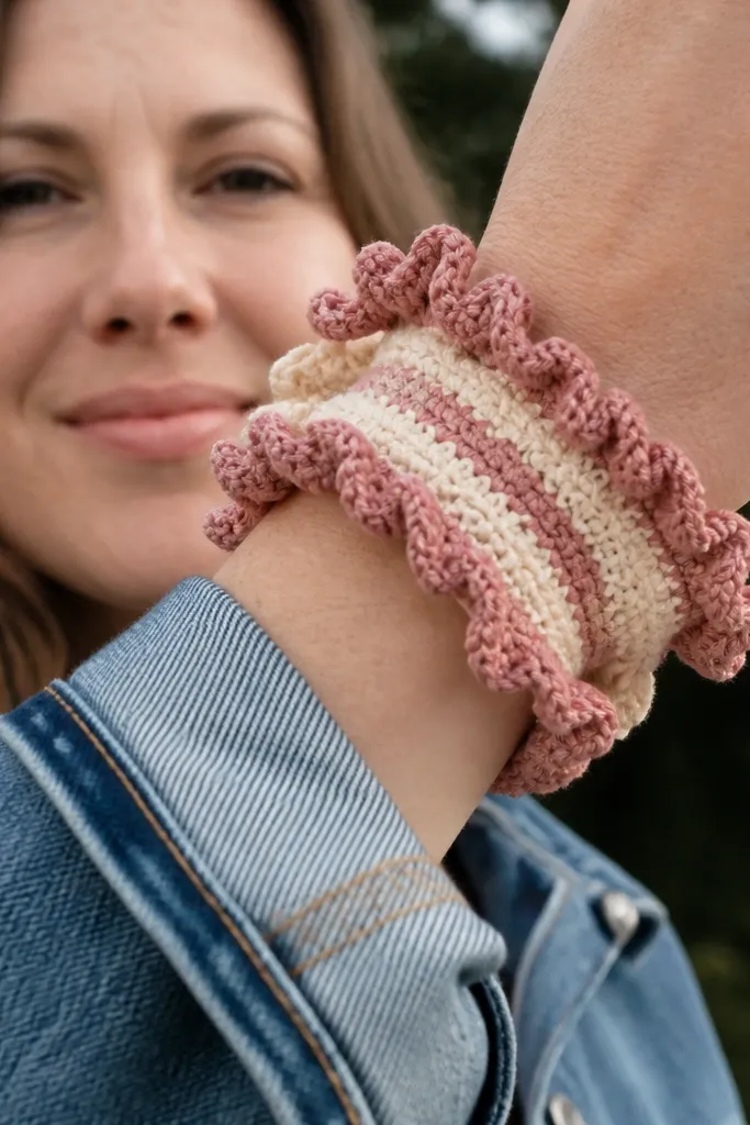 Rolled, petal-edged crochet cuff in pastel stripes