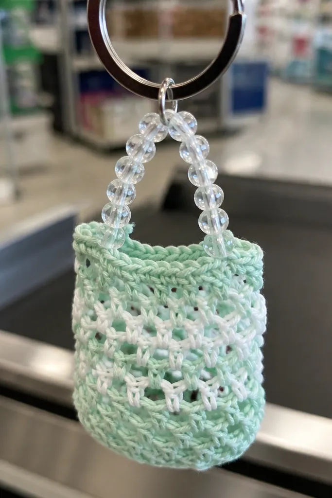 Tiny crochet bag keychain with a bead handle loop