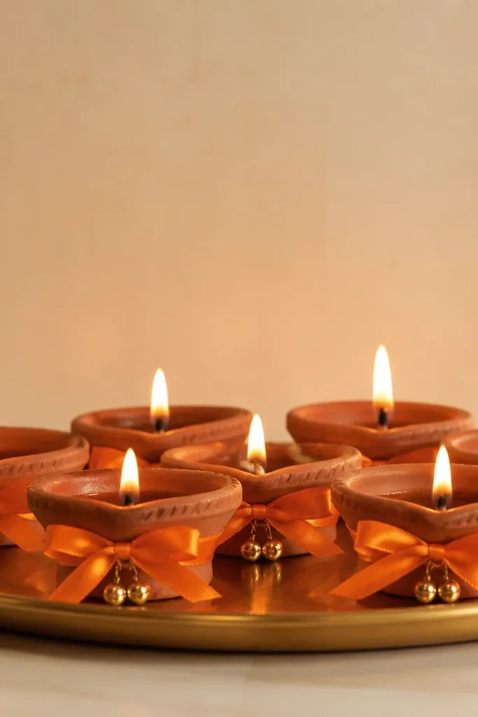 A row of small clay diyas placed on a shallow brass thali. Each diya base is wrapped with saffron satin ribbon tied in a neat bow, with a few tiny gold beads attached near the knot. The background is a plain cream wall with soft warm light from the flames.