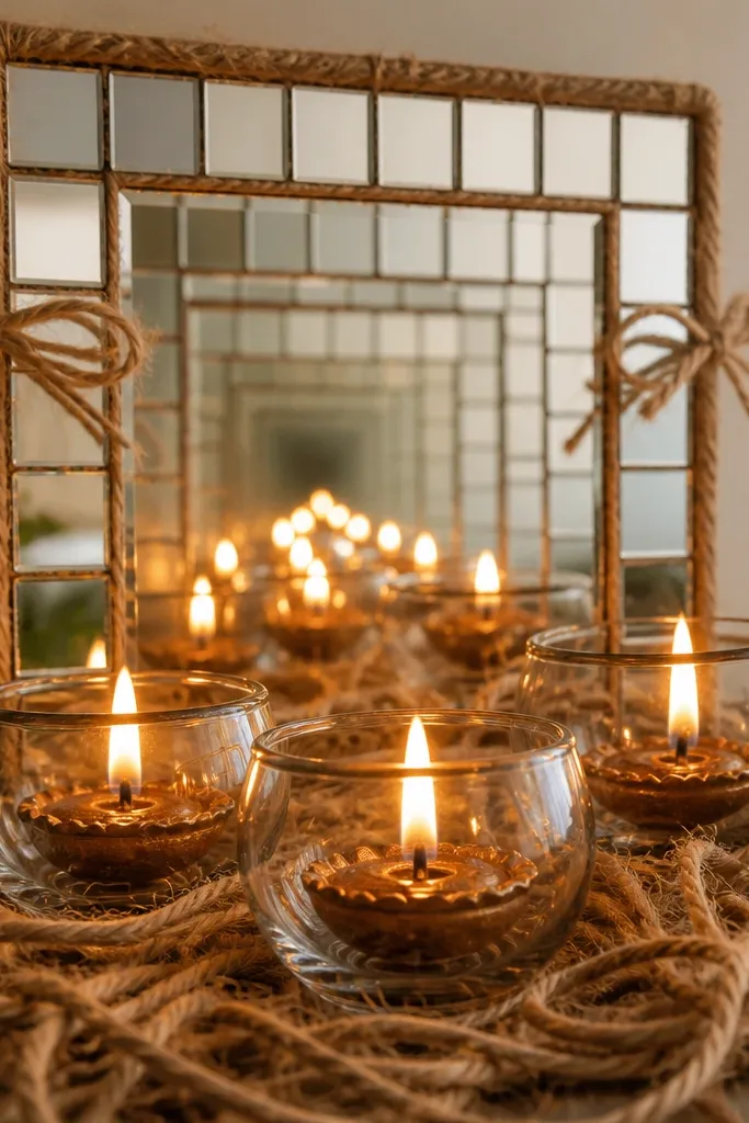 Three diyas in glass candle cups sit on a bed of jute twine. Behind them is a small frame made of mirror tiles arranged like a rectangle, with twine tied around the edges. The flame reflections multiply across the mirror pieces.