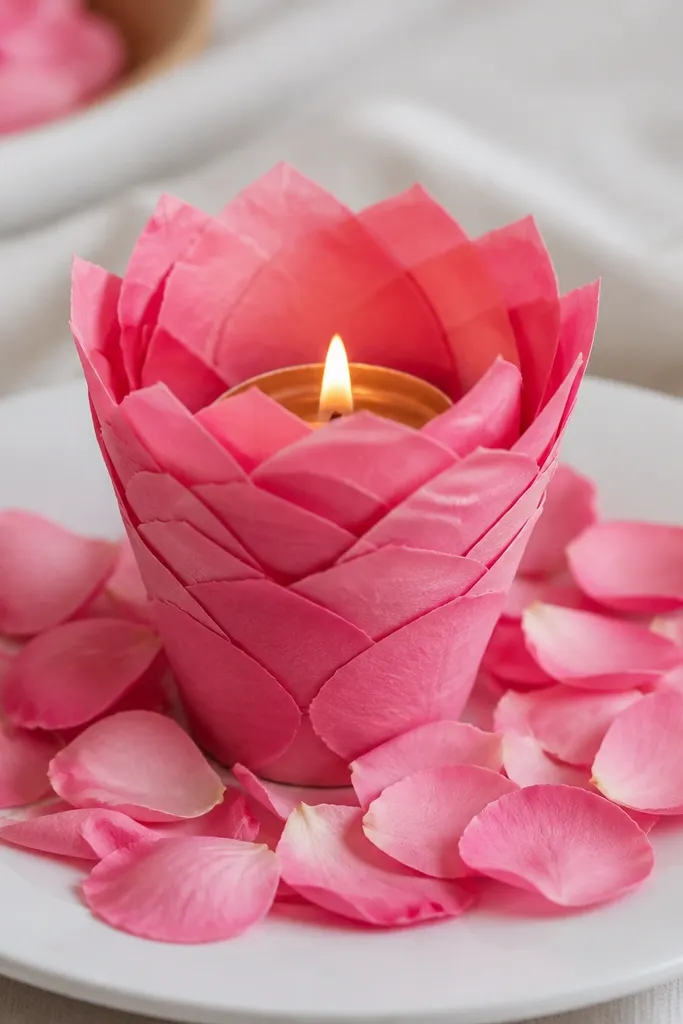 A diya sits inside a small paper "funnel" made from layered rose-pink paper petals. The petals form a tapered cup around the sides of the flame but leave the center open. The setup is on a white plate with scattered pink petals around the base.