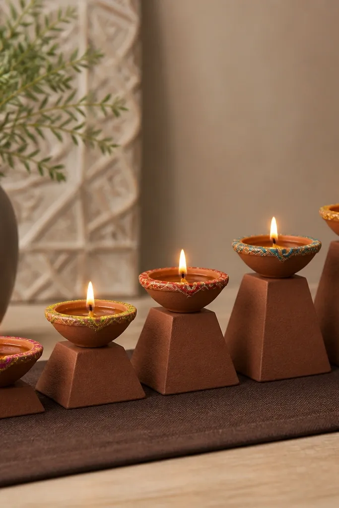 A line of diyas arranged on small terracotta mini pyramids, each pyramid rising slightly higher. The diyas are decorated with colored powder patterns on the outer rim, and the whole row sits on a dark brown cloth runner.