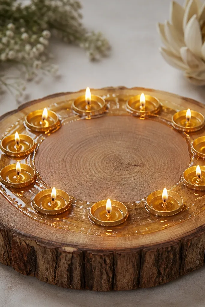 A thick round wood slice used as a base, with diyas placed in a shallow ring. The wood has visible grain and a light varnish. A thin layer of water-like gel or clear resin around the ring catches light.