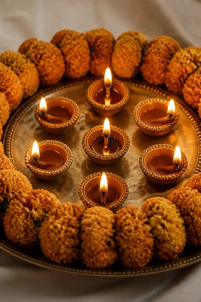 A round tray holds 7 diyas. Around the outer edge is a halo ring made from dried marigold heads tied with thin thread. The center is clean and the flames glow through the marigold ring.