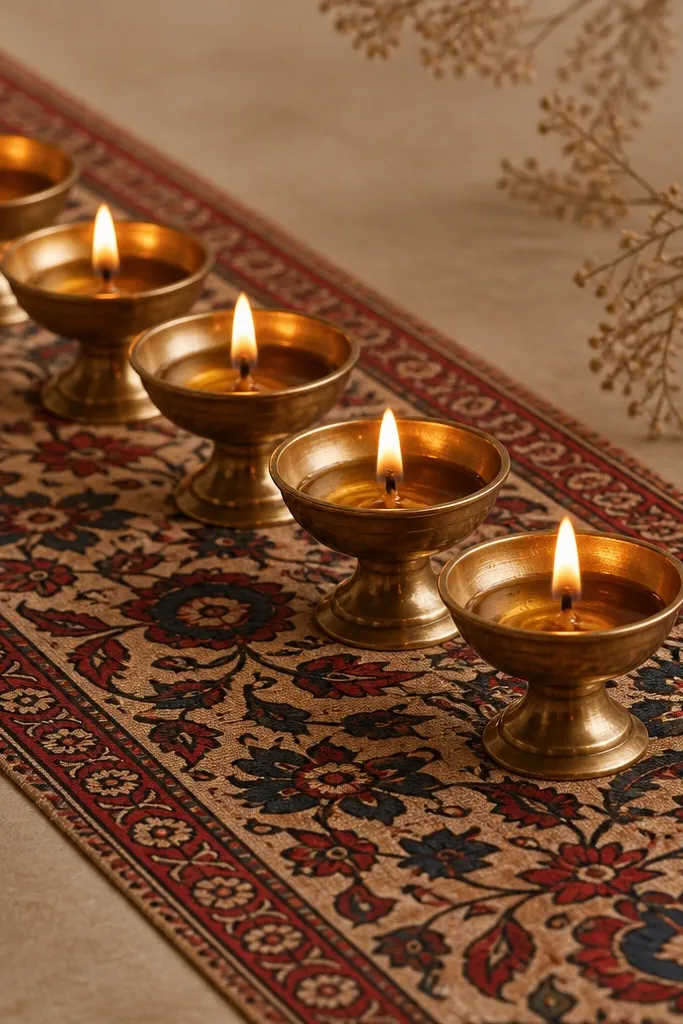 A small section of kalamkari fabric runs under a set of 5 brass diyas. The fabric has earthy prints with red and indigo patterns. The diyas sit evenly spaced on the fabric, and the flame glow matches the warm print colors.