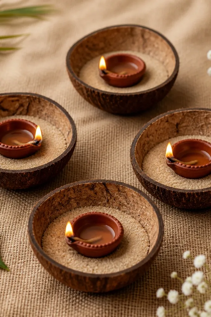 A set of coconut shell halves used as saucers. Each has a small ring of fine sand and holds a tiny diya in the center. The sand is light beige, and the background is a natural jute cloth.
