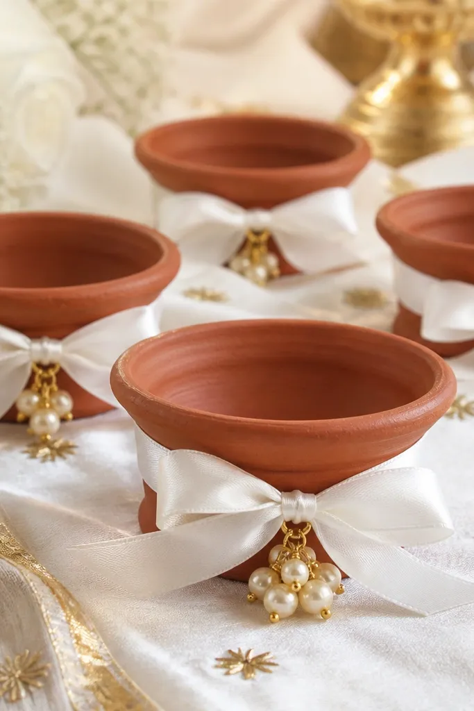 Clay diya bowls are decorated with white satin ribbons tied around the base. Small pearl bead clusters hang from the ribbon knot, and the whole setup sits on a white tablecloth with gold accents.