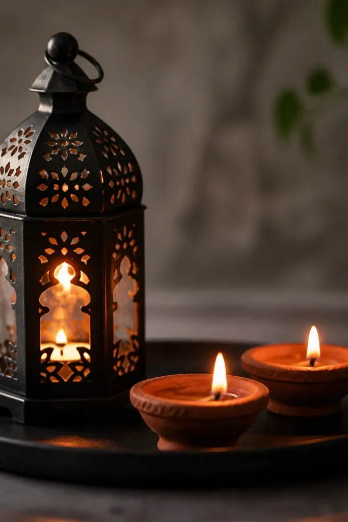 One diya sits inside a small metal lantern cage with decorative cutouts. The cage sits on a dark tray, and two plain diyas are placed beside it for contrast. The flame glows through the cutouts.