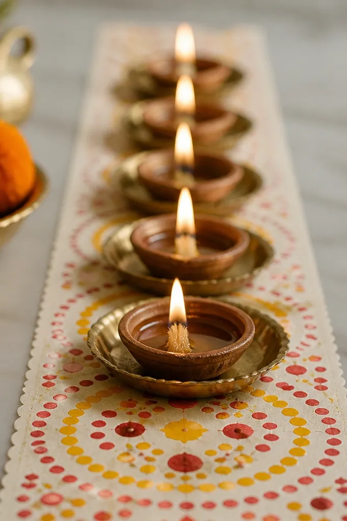 A narrow rangoli-style paper runner lies under a row of diyas. Each diya sits in a shallow holder, and the cotton wicks look slightly fanned. The runner has a repeating dot pattern in marigold yellow and red.