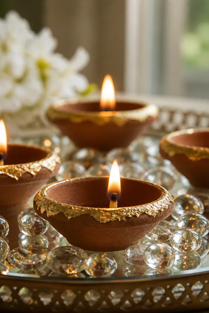 Clay diyas have thin gold leaf painted on their outer rim. Around the base is a scatter of clear glass beads on a mirrored tray. The flames reflect in the beads.
