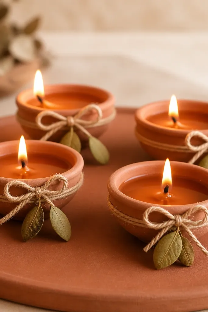 Each diya is wrapped with a thin jute string tied into a bow. Tiny dried lime leaves hang from the bow, and the diyas sit on a plain terracotta mat.
