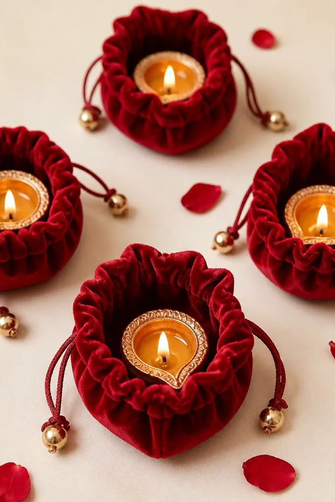 Red velvet mini pouches hold individual diyas. The pouches are shaped like drawstring bags, with the diya centered inside. The setup is on a cream background with a few scattered red petals.