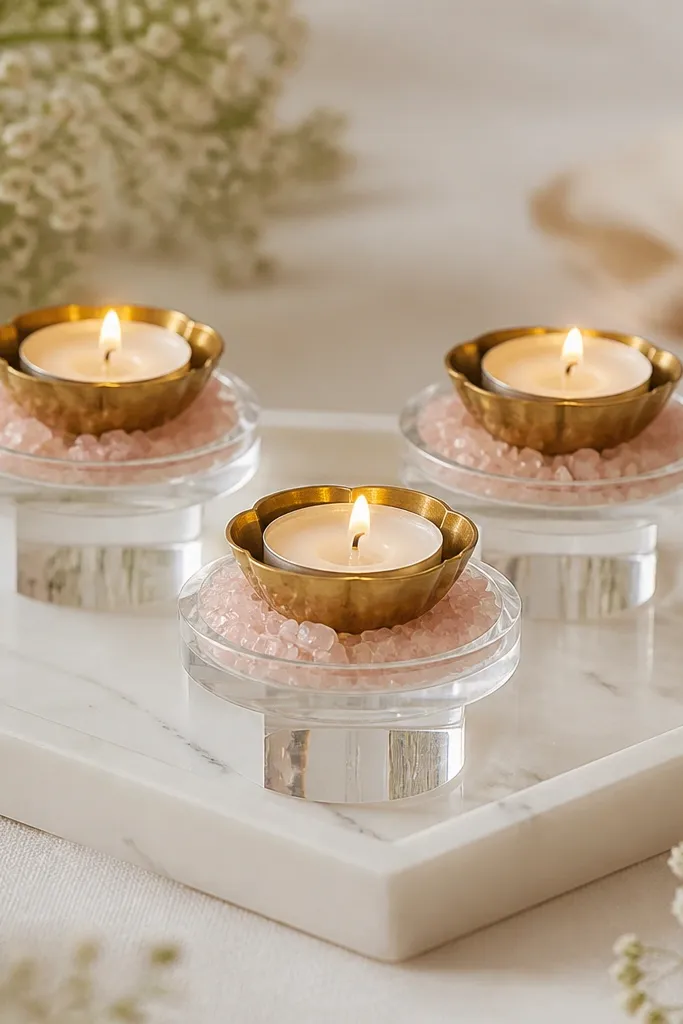 A white marble-effect tray holds diyas in small holders. Around each diya are small rose quartz pieces and clear acrylic risers that make the holders look elevated. The overall look is clean and minimal.