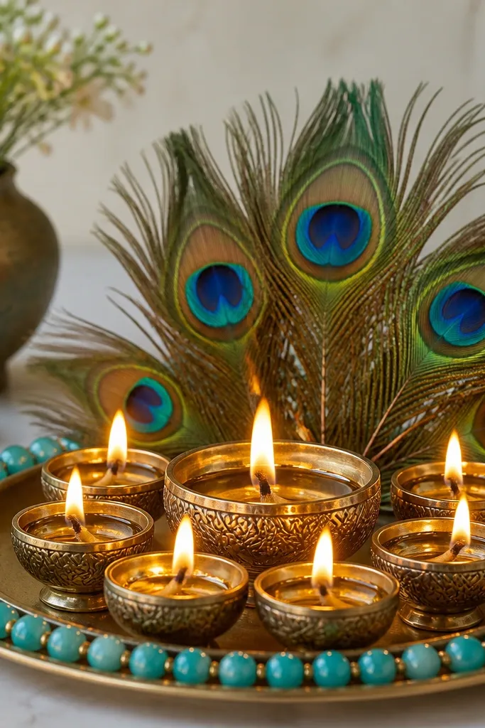 A diya cluster sits on a tray with turquoise beads forming a border. Peacock feathers are placed at the back, fanning upward behind the diyas. The flames reflect off the beads.