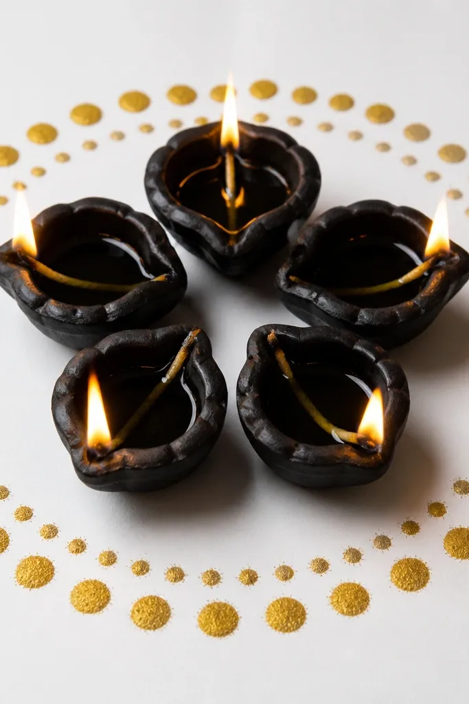 Black clay diyas sit on a white surface. Around them is a halo of gold rangoli dots in a circle. The contrast is sharp and the flames look bright against the dark clay.