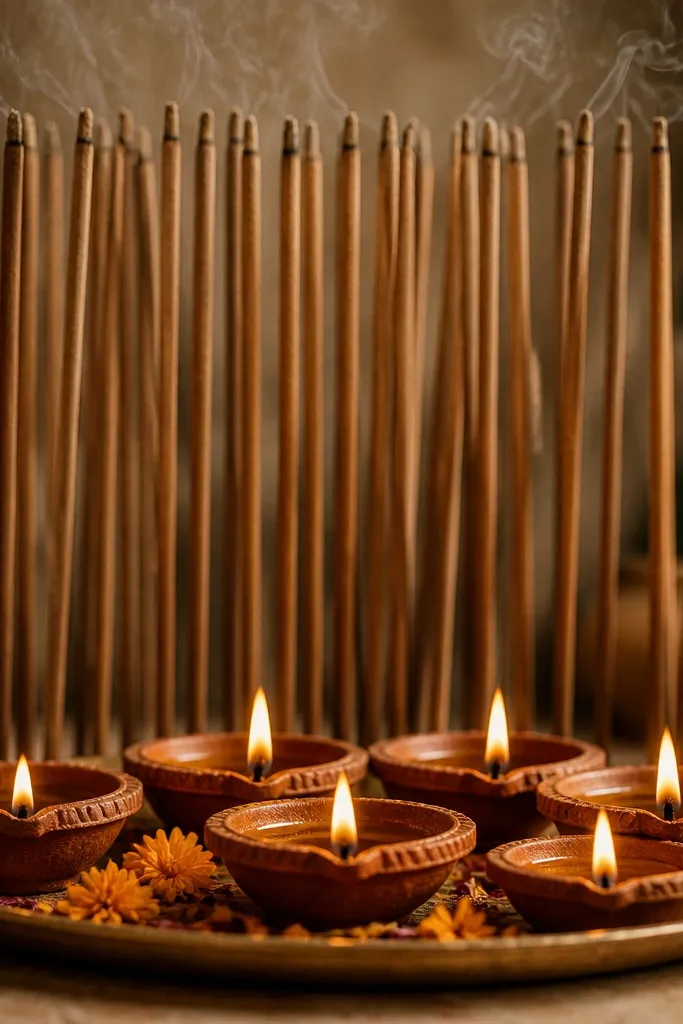 A row of incense sticks stands upright behind a diya cluster. The diyas sit on a tray in front, and the incense sticks form a vertical textured backdrop. The scene is warm and earthy.