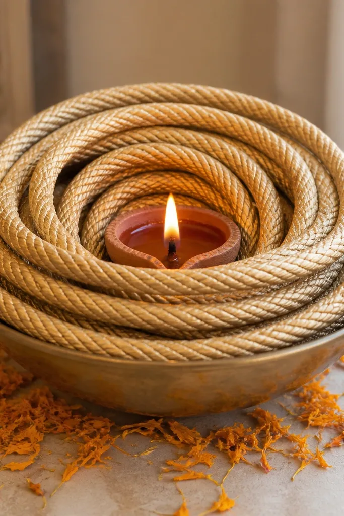 A central diya sits in a metal bowl. Around it are tight coils of jute rope painted gold, arranged like a circular sculpture. Small marigold petals are scattered at the base.