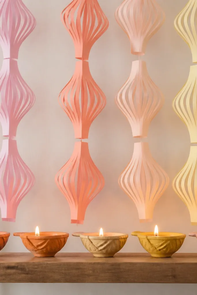 A shelf display where pastel ombre paper lantern strips hang behind a row of diyas. The lantern strips are in pale pink, peach, and light yellow. The diyas sit on a small wooden shelf below the paper strips.