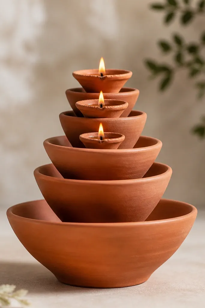 A stack of terracotta bowls of decreasing sizes forms a mini pedestal. Tiny candle cups with diyas sit on the top bowls. The whole arrangement looks like a stepped tower.