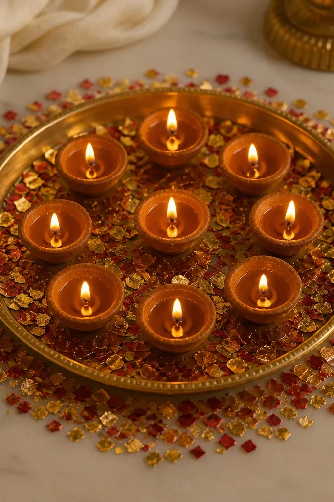 A brass thali holds 9 diyas. Under and around them is red and gold foil konfetti spread in a controlled circle. The flames reflect in the foil pieces.