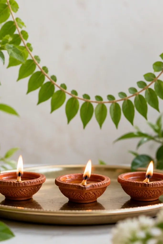 A small set of 3 diyas sits on a tray. Behind them is a tulsi leaf garland draped in a gentle curve. The scene is bright and fresh-looking with green leaves framing the flames.