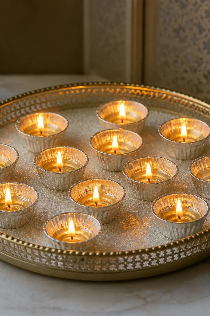 Silver foil candle cups each hold a diya. The tray has a dusting of white pearl-like powder around the cups. The flames shine through the silver and reflect off the powder.
