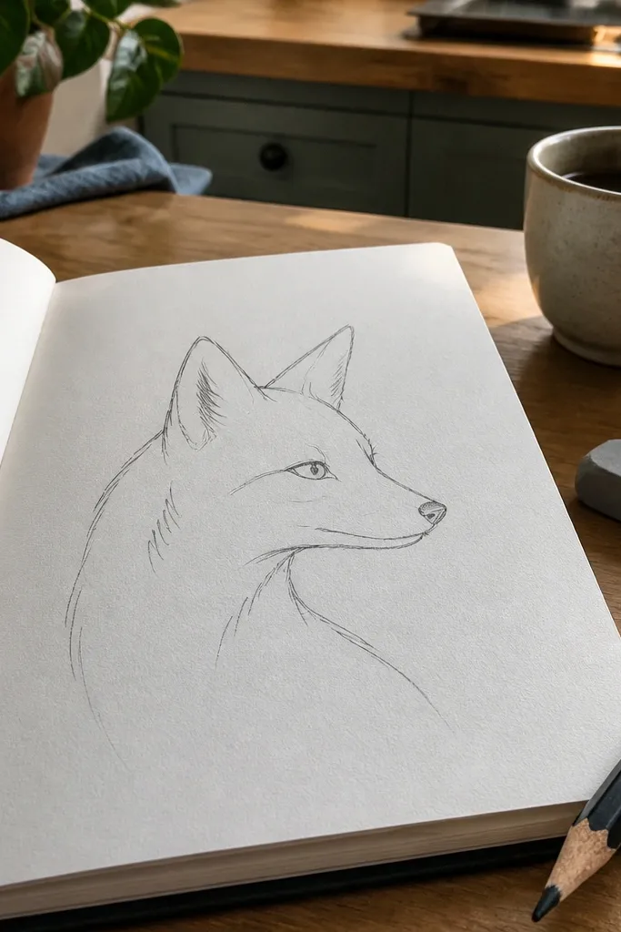 Bold fox outline with a simple snout, ears, and eye placement marks