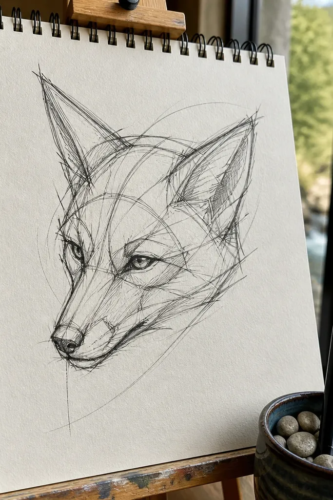 Loose fox head sketch with sweeping gesture line and tilted ear planes