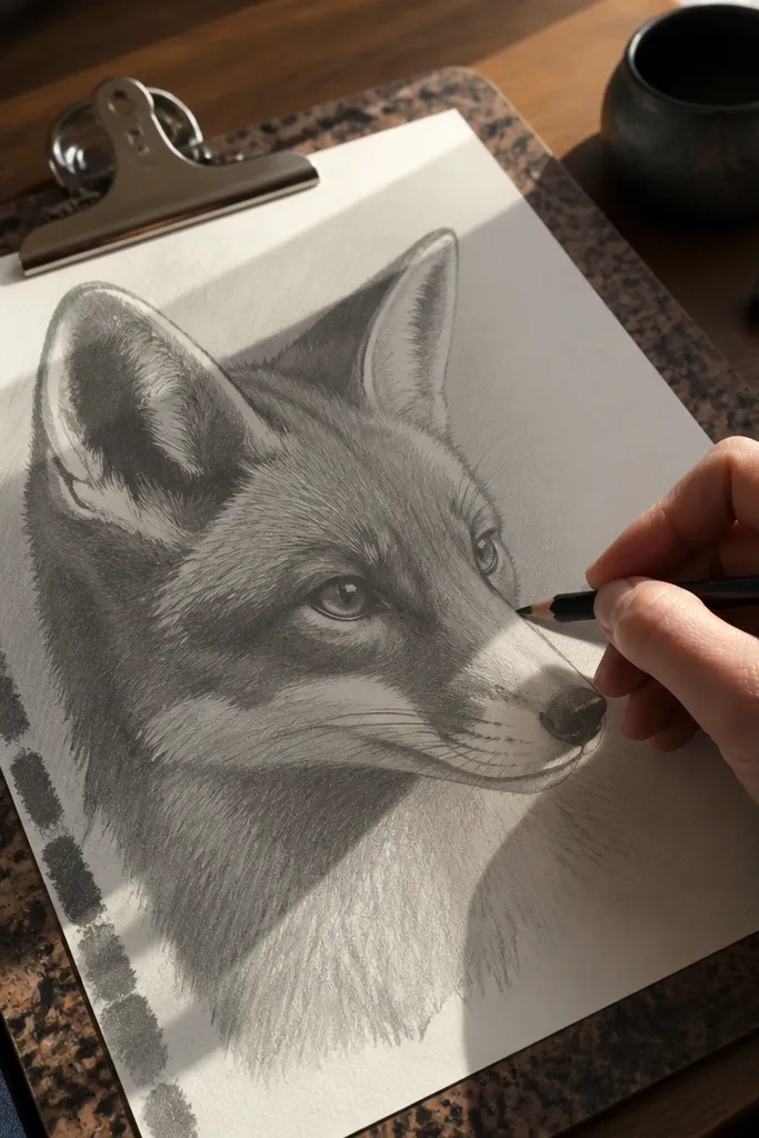 Fox head shaded with three gray values and soft transitions on muzzle