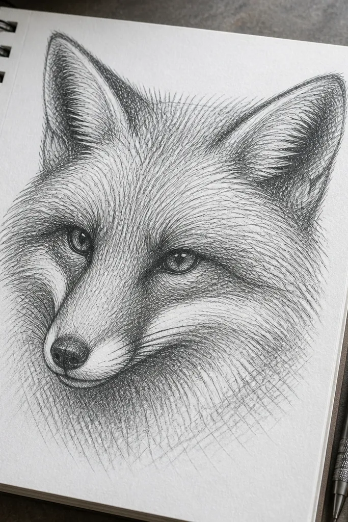 Fox head with crosshatched fur marks following the direction of the cheeks and forehead